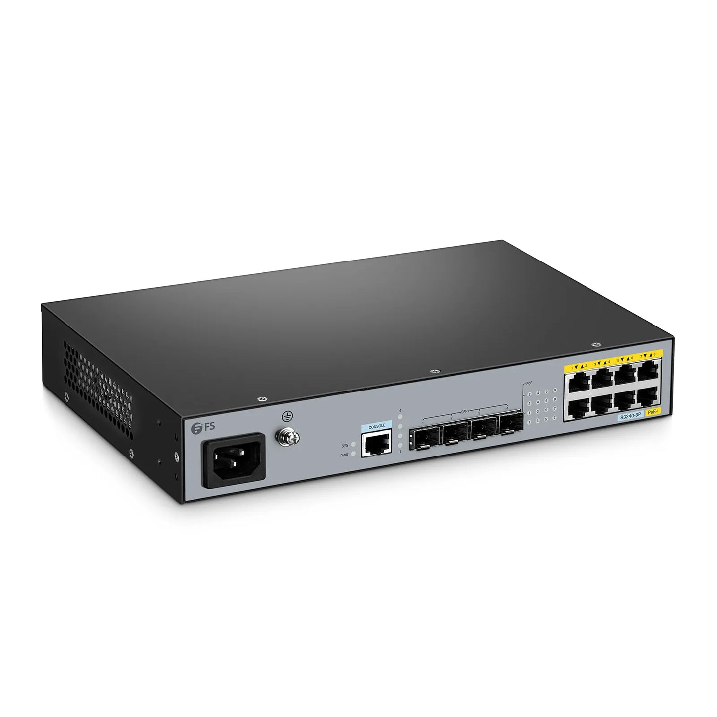 S3240-8P, 8-Port Gigabit Ethernet L2+ PoE+ Switch, 8 x PoE+ Ports@120W, with 4 x 10Gb SFP+ Uplinks, PicOS®, Fanless