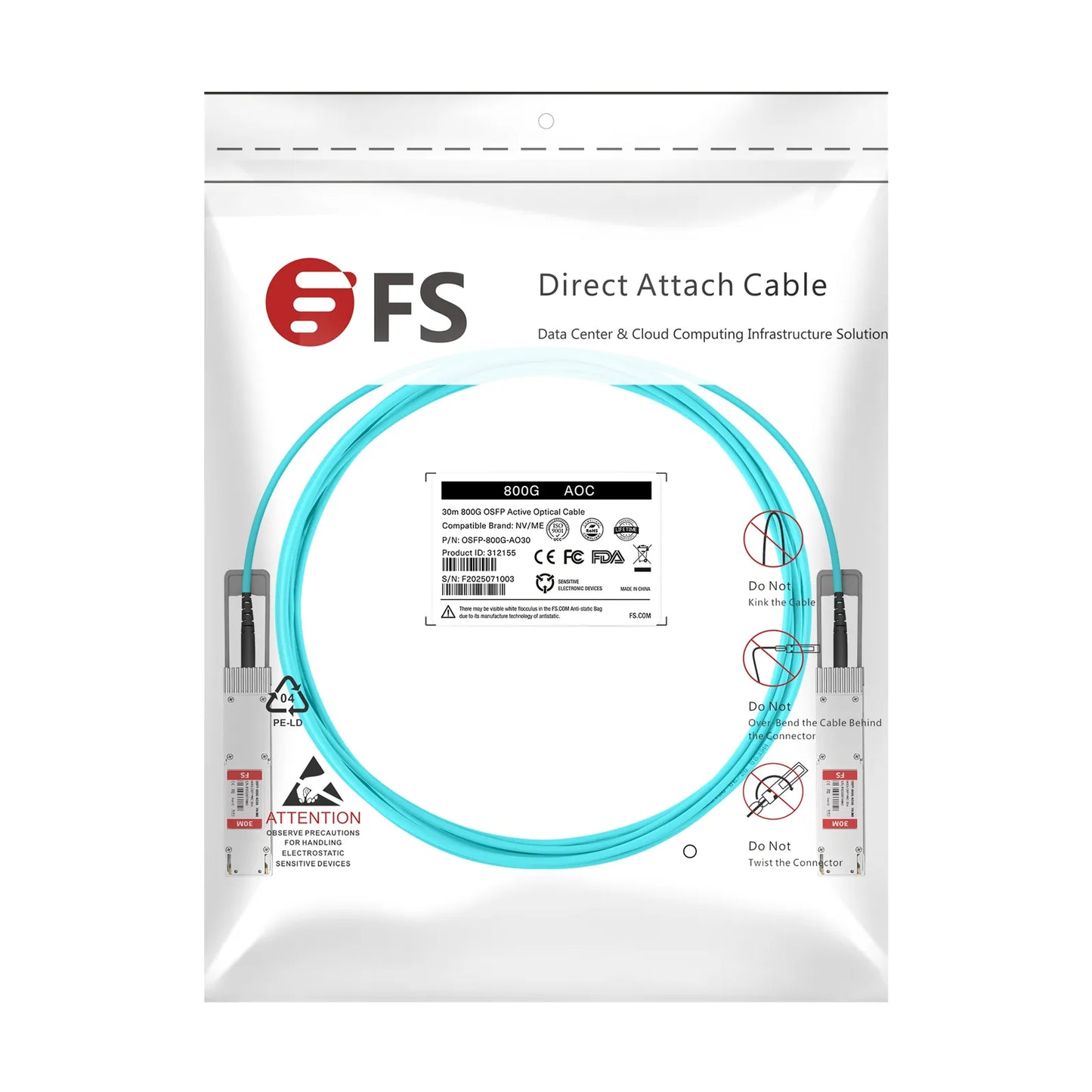 30m (98ft) NVIDIA/Mellanox Compatible 800G OSFP 8 x 100G PAM4 Finned Top Ethernet Active Optical Cable