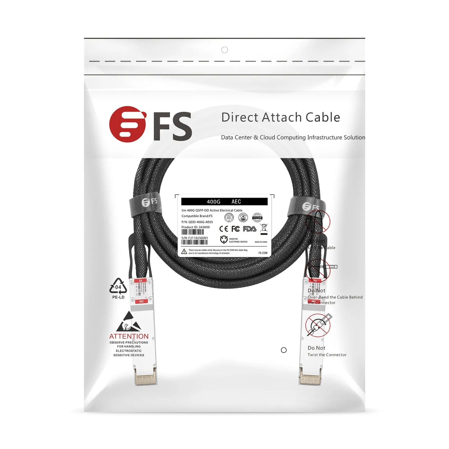 5m (16ft) 400G QSFP-DD 8 x 50G PAM4 Active Electrical Cable for FS Switches