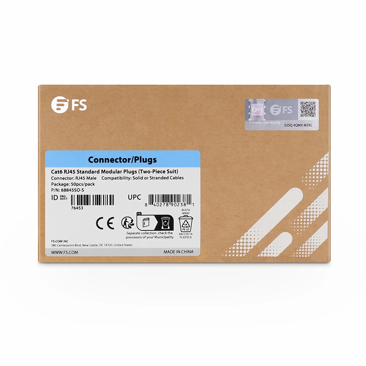 Cat6 RJ45 Standard Modular Plugs (Two-Piece Suit), Shielded Network Connectors for 23AWG Twisted Pair Solid or Stranded Cable (50/Pack)