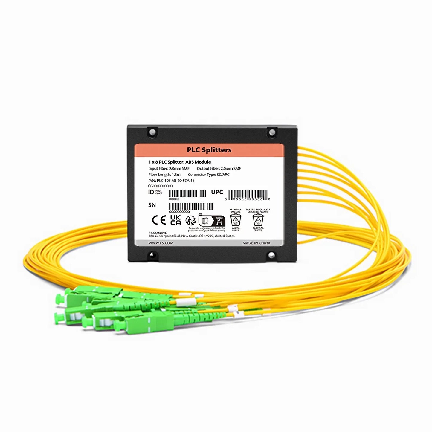 1 x 8 PLC Fiber Splitter, Splice/Pigtailed ABS Module, 2.0mm, SC/APC, Singlemode