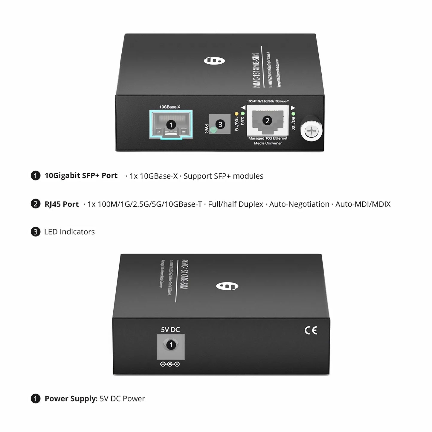Managed 1x 100M/1G/2.5G/5G/10GBase-T RJ45 to 1x 10GBase-X SFP+ 10Gigabit Ethernet Media Converter, Slide-in Module, American Plug Standard