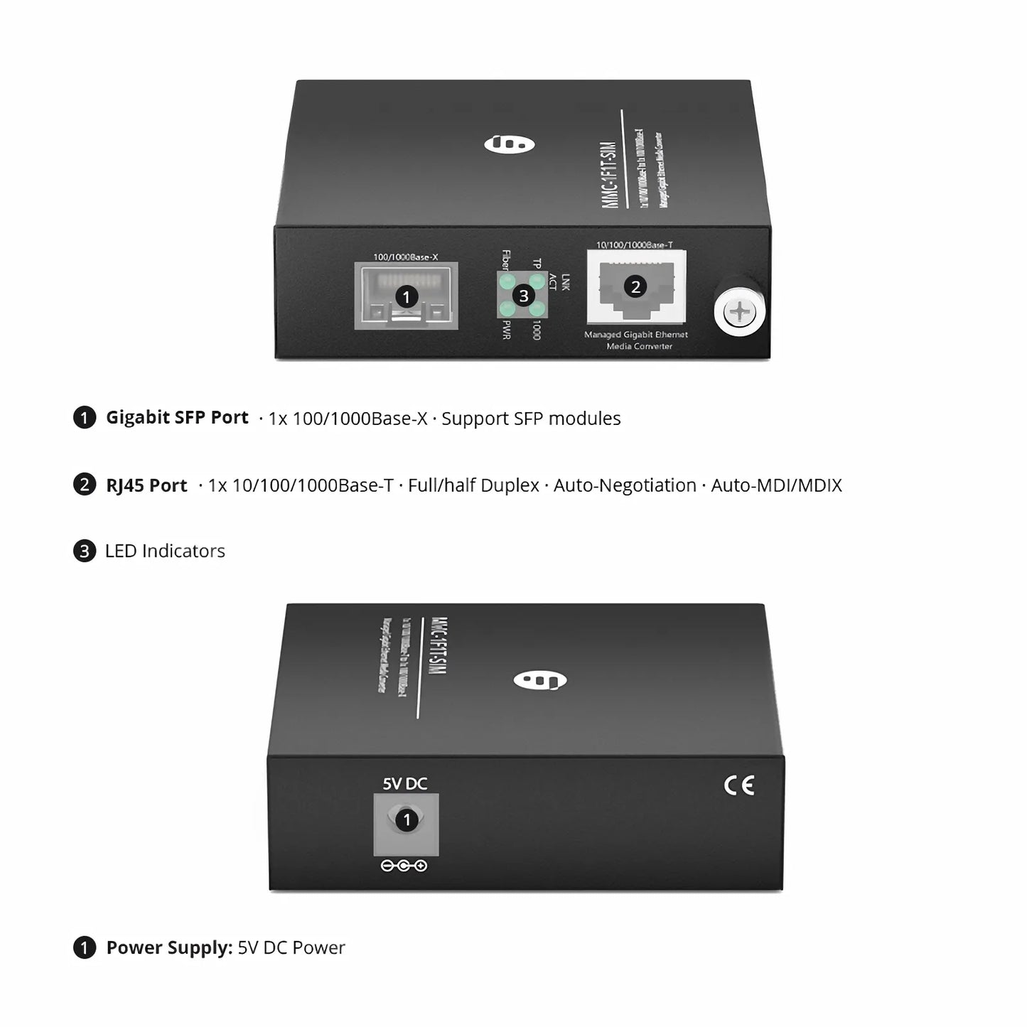 Managed 1x 10/100/1000Base-T RJ45 to 1x 100/1000Base-X SFP Gigabit Ethernet Media Converter, Slide-in Module, American Plug Standard
