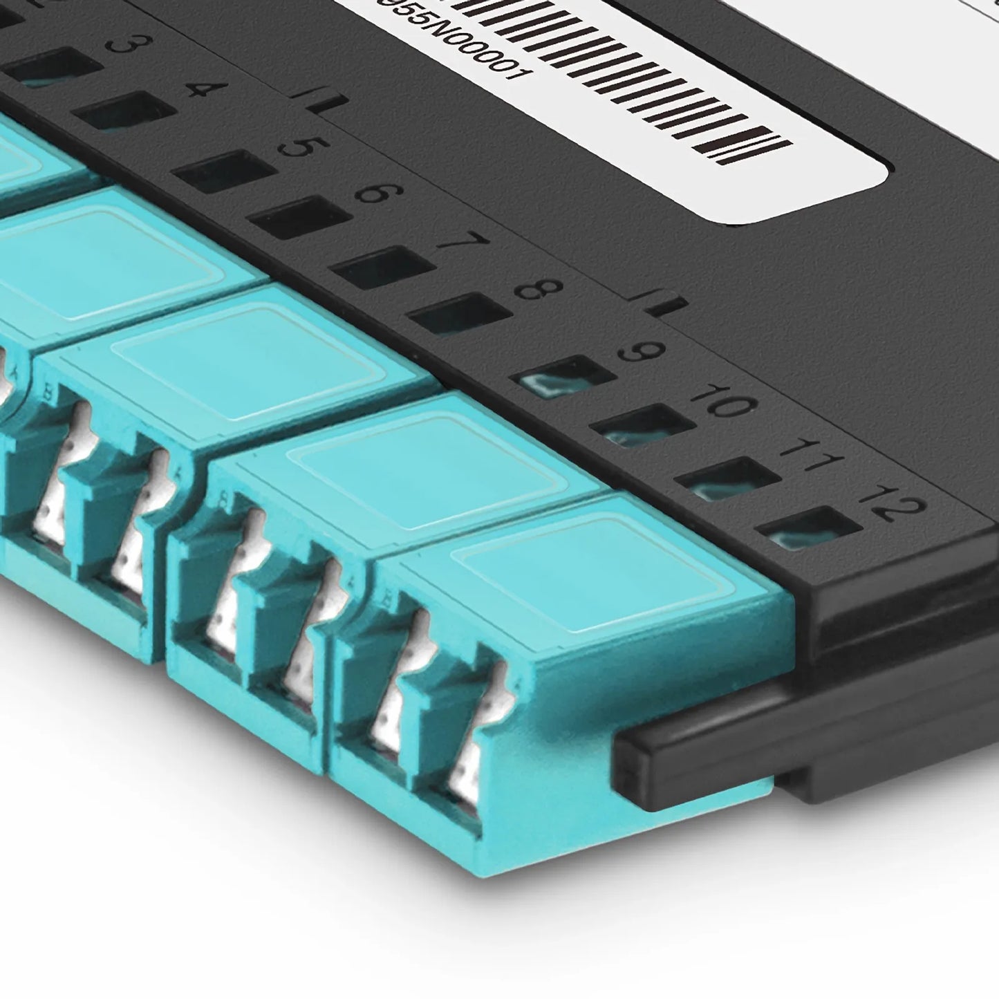FHX™ MTP®-LC Cassette, OM4 Multimode, Type AF, 12 Fibers, MTP®-12 (Male) to 6 x Shuttered LC Duplex (Aqua), 0.35dB Max.