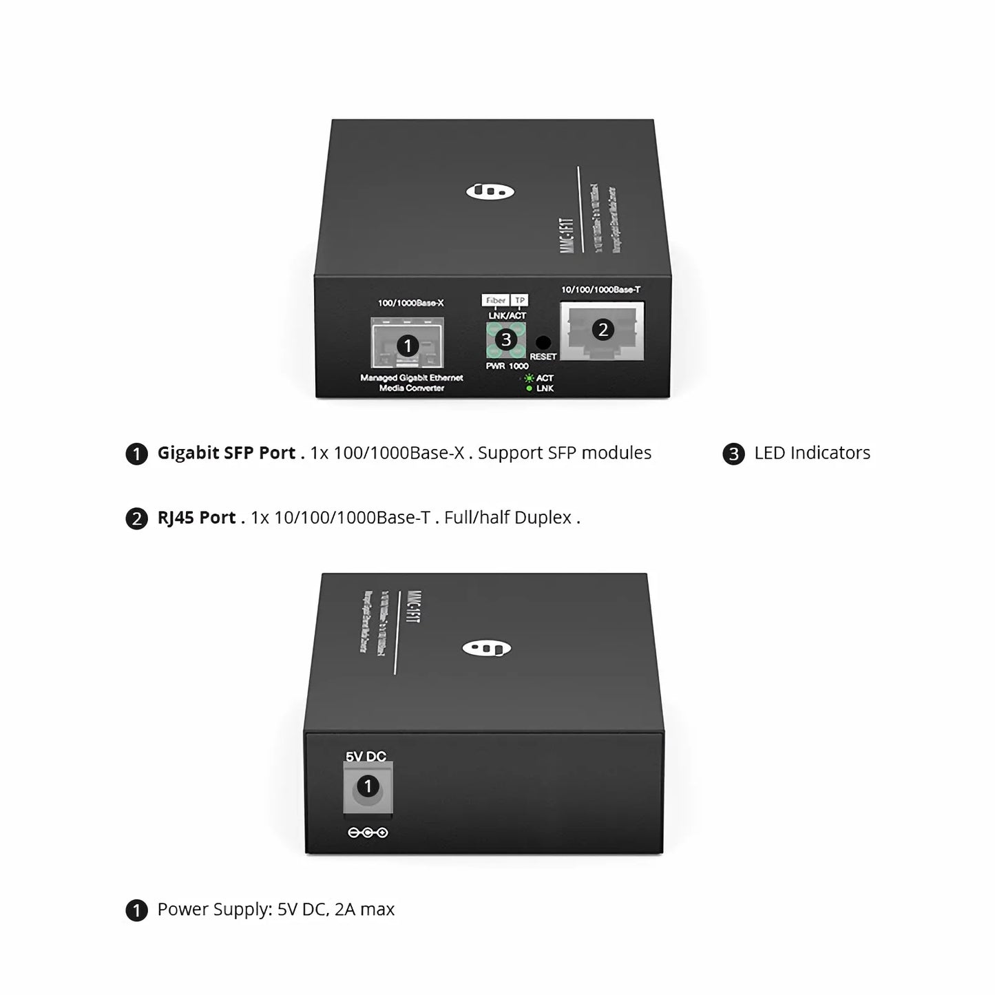 Managed 1x 10/100/1000Base-T RJ45 to 1x 100/1000Base-X SFP Gigabit Ethernet Media Converter, British Plug Standard