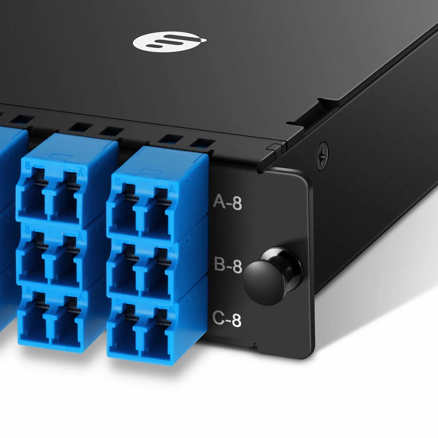 FHD™ MTP®-LC Cassette, OS2 Single Mode, Universal, 24 Fibers, 3 x MTP®-8 (Male) to 12 x Shuttered LC Duplex (Blue), 0.35dB Max.
