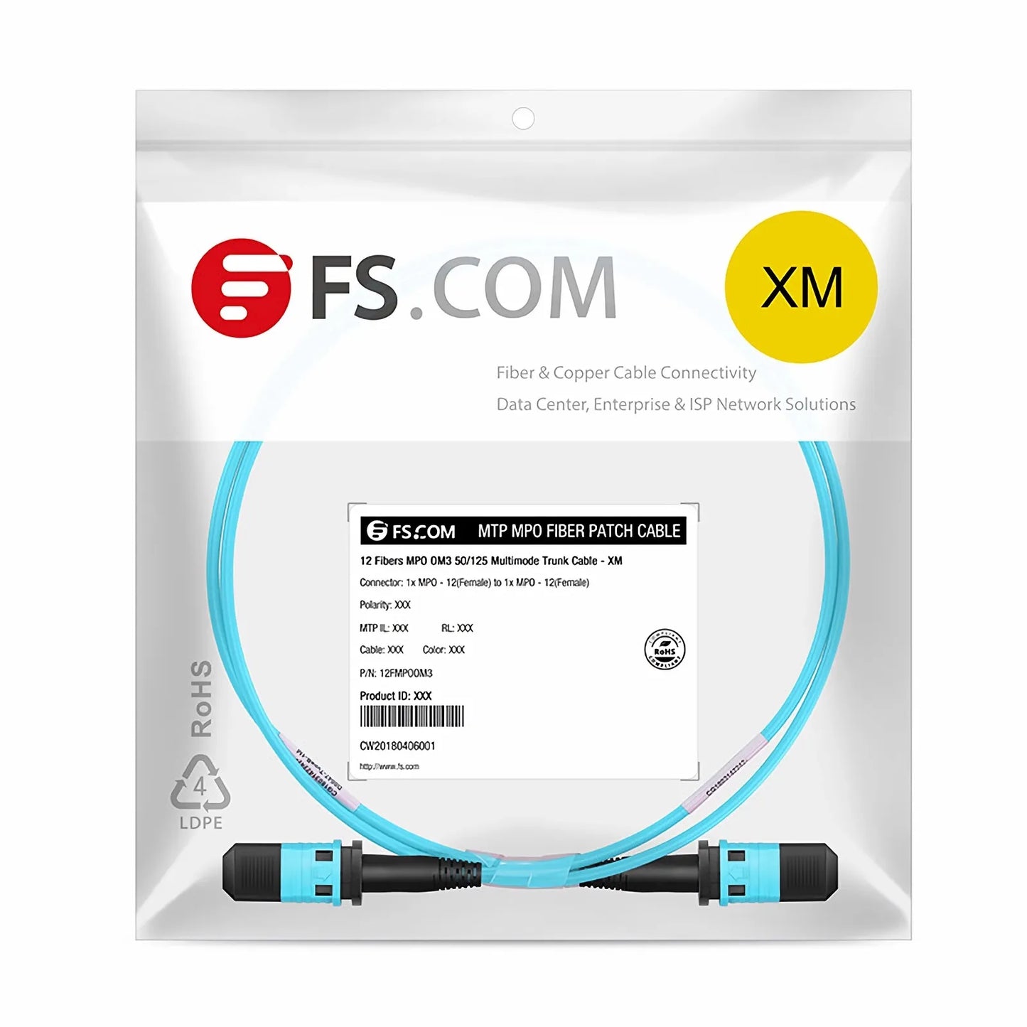 30m (98ft) MPO Jumper, Senko MPO-12 APC (Female) to MPO-12 APC (Female), 8 Fibers, Multimode (OM3), LSZH, 0.35dB Max, Type B, Aqua
