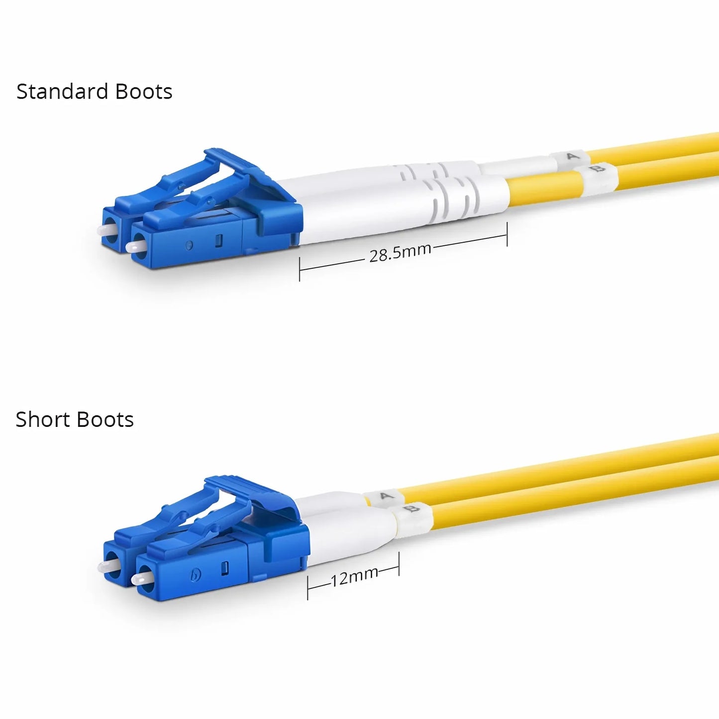 1.5m (5ft) Fiber Patch Cable, 2 Fibers, Short Boot, LC UPC Duplex to LC UPC Duplex, Single Mode (OS2), Riser (OFNR), 2.0mm, Tight-Buffered, Yellow