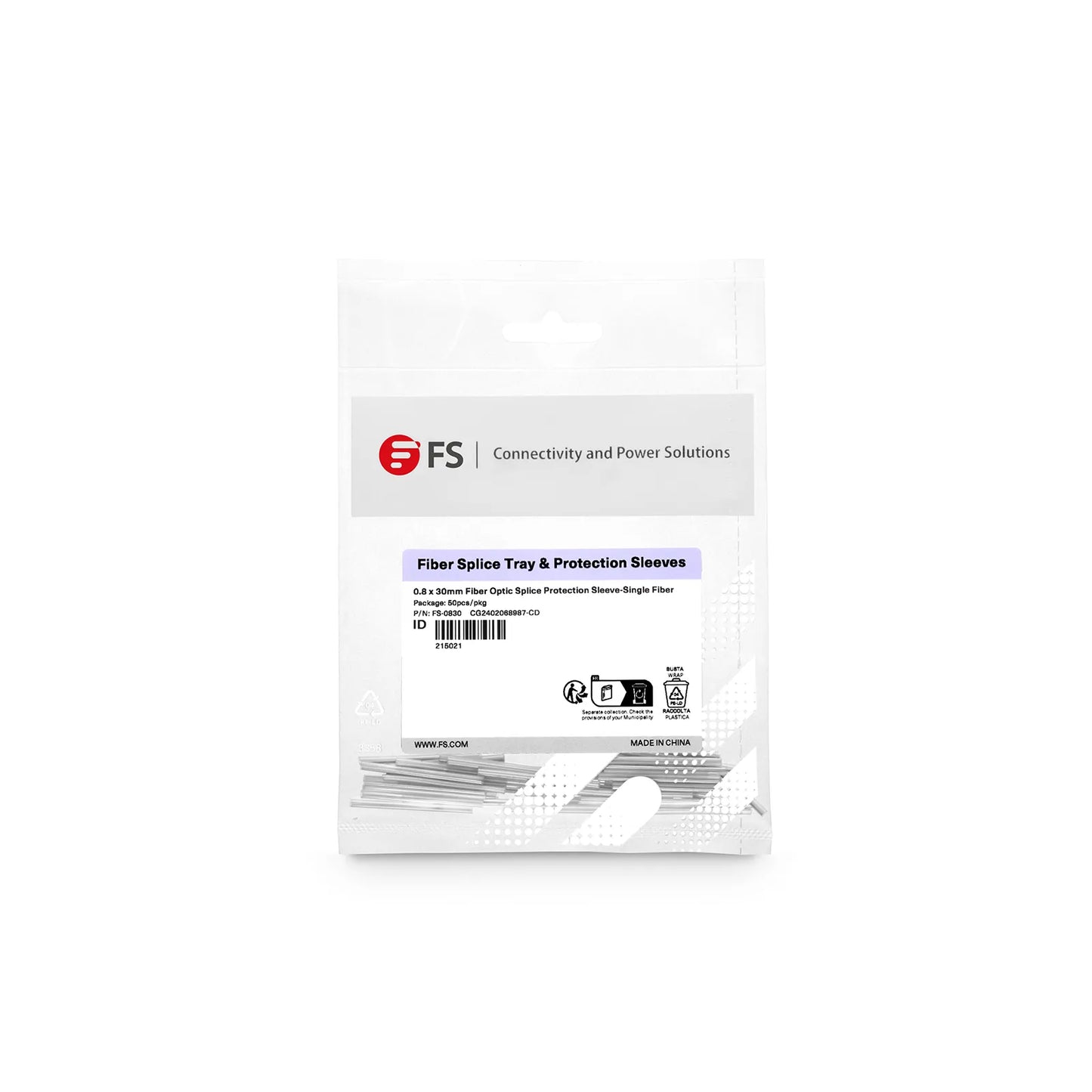 0.8 x 30mm Fiber Optic Splice Protection Sleeve, Single Fiber, 50pcs/pkg