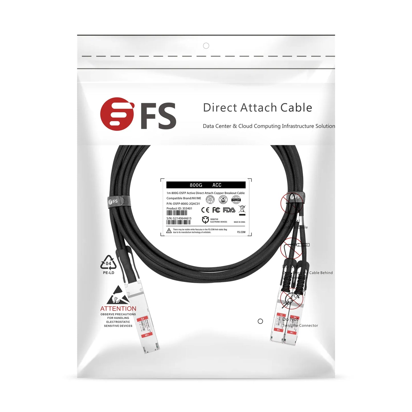 1m (3ft) 800G Twin-port OSFP 8 x 100G PAM4 Finned Top to 2 x 400G QSFP112 4 x 100G PAM4 Ethernet Active Direct Attach Copper Breakout Cable for FS Switches