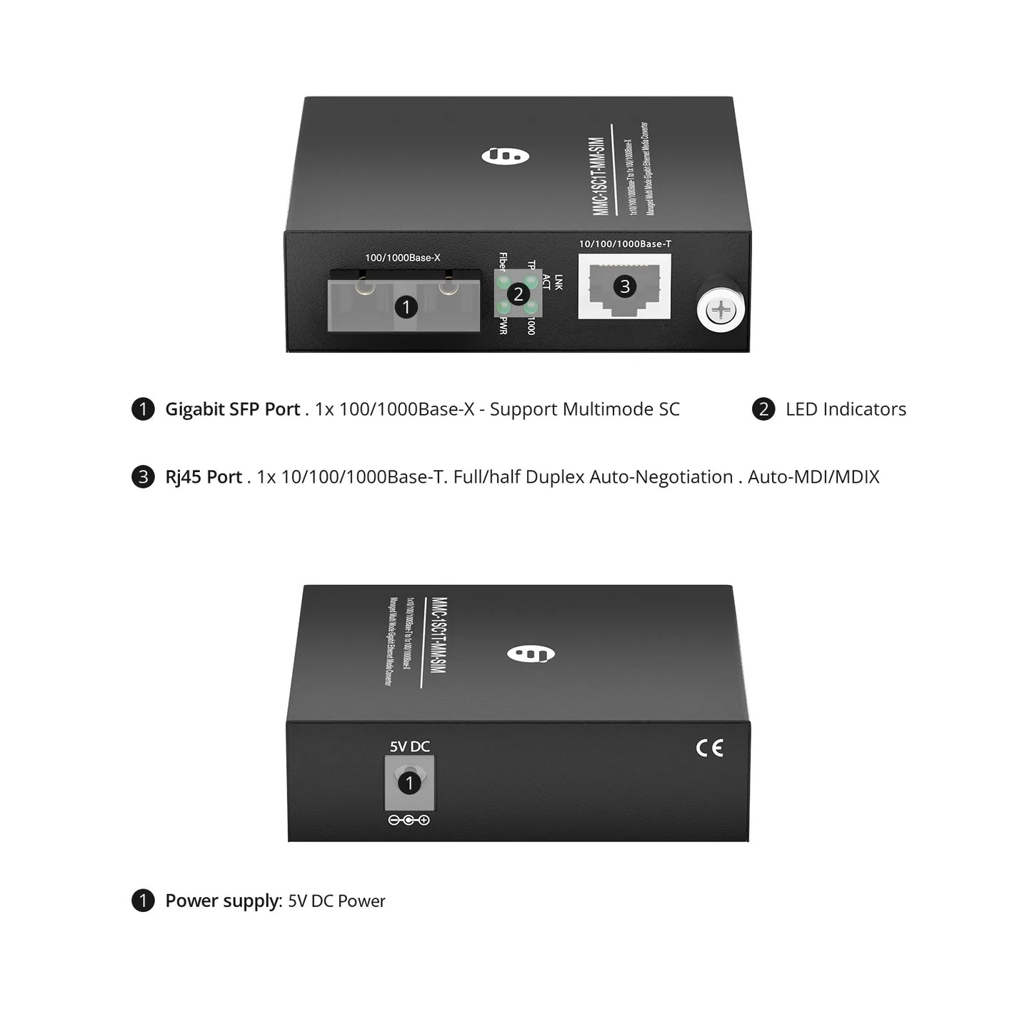Managed 1x 10/100/1000Base-T RJ45 to 1x 100/1000Base-X Multimode SC Duplex 850nm 550m Gigabit Ethernet Media Converter, Slide-in Module, American Plug Standard