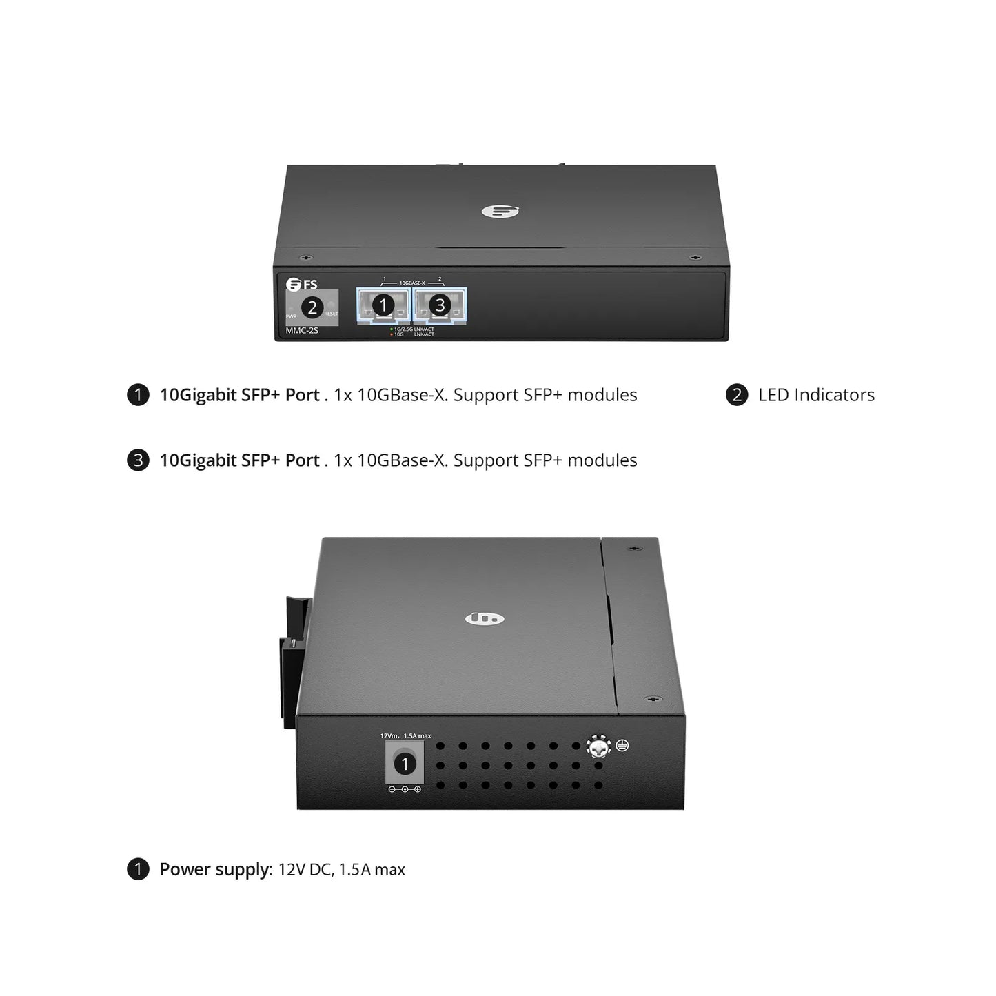 Managed 1x 10GBase-X to 1x 10GBase-X 2SFP+ 10Gigabit Ethernet Media Converter, American Plug Standard