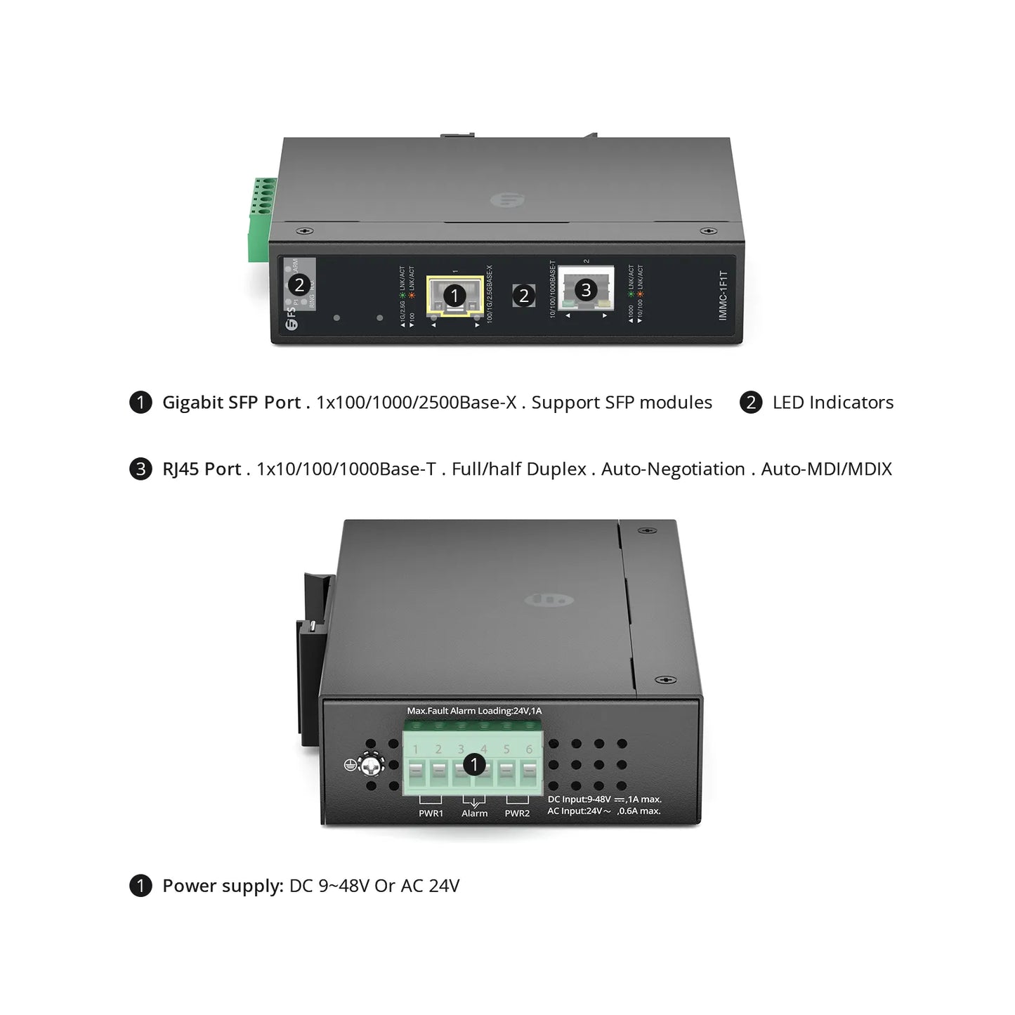 Industrial Managed 1x 10/100/1000Base-T RJ45 to 1x 100/1000/2500Base-X SFP Gigabit Ethernet Media Converter