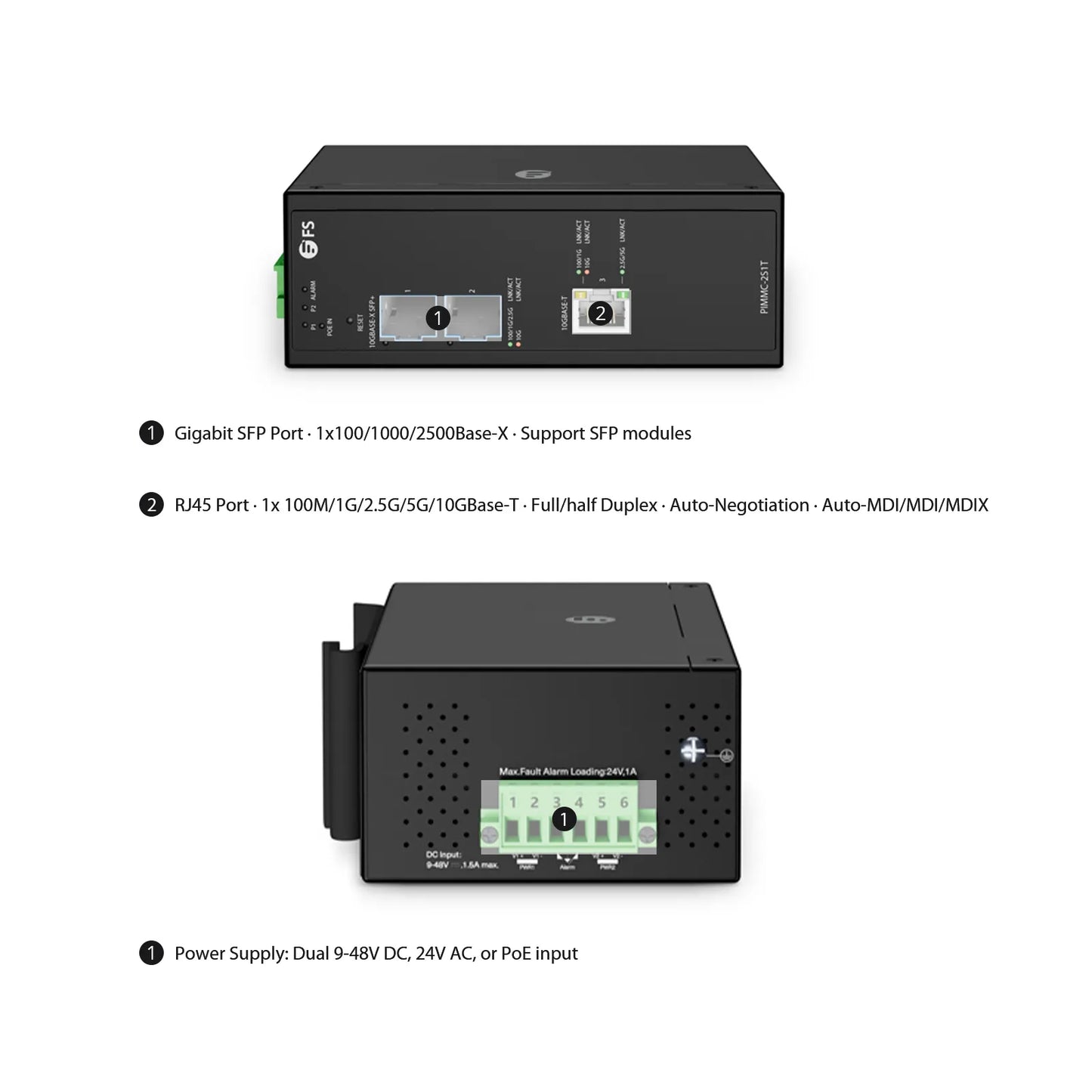 Industrial Managed 1x 100M/1G/2.5G/5G/10GBase-T RJ45 to 2x 100M/1G/2.5G/10GBase-X SFP+ Gigabit Ethernet PoE+ PD Media Converter