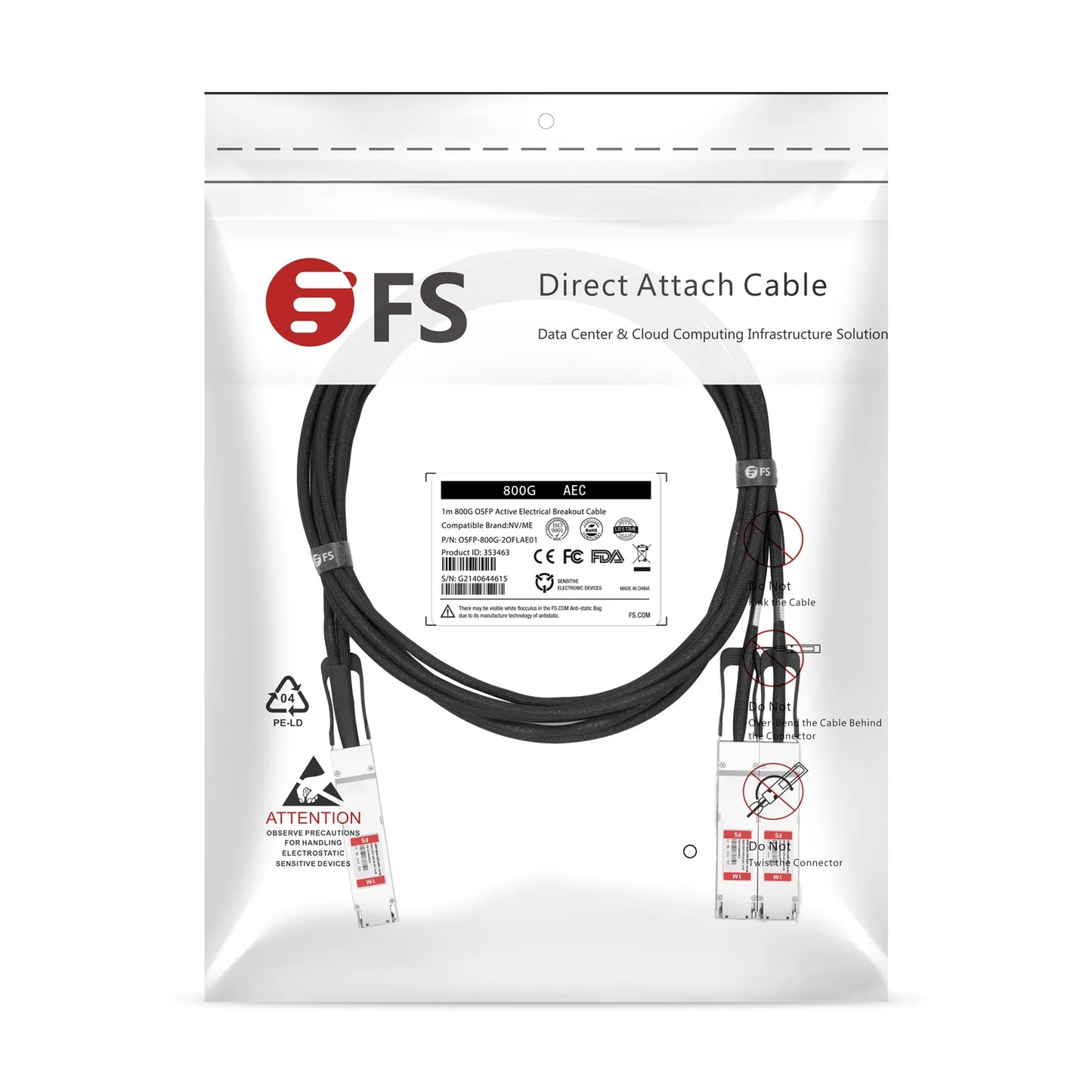 3m (10ft) NVIDIA/Mellanox Compatible 800G OSFP 8 x 100G PAM4 Finned Top to 2 x 400G OSFP 4 x 100G PAM4 Flat Top Ethernet Active Electrical Copper Breakout Cable