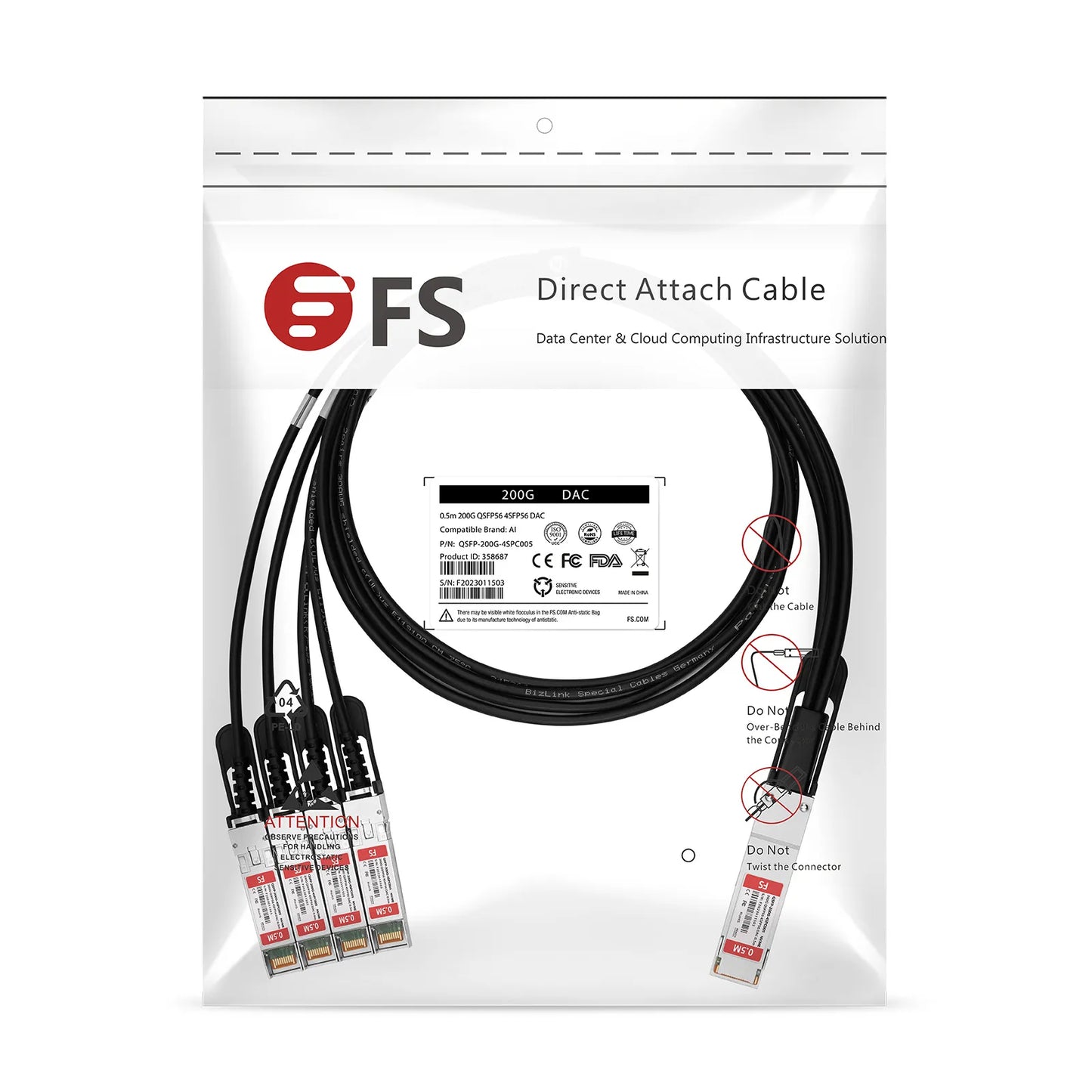 3m (10ft) Arista Networks C-Q200-4S50-3M Compatible 200G QSFP56 4 x 50G PAM4 to 4 x 50G SFP56 50G PAM4 Passive Direct Attach Copper Breakout Cable