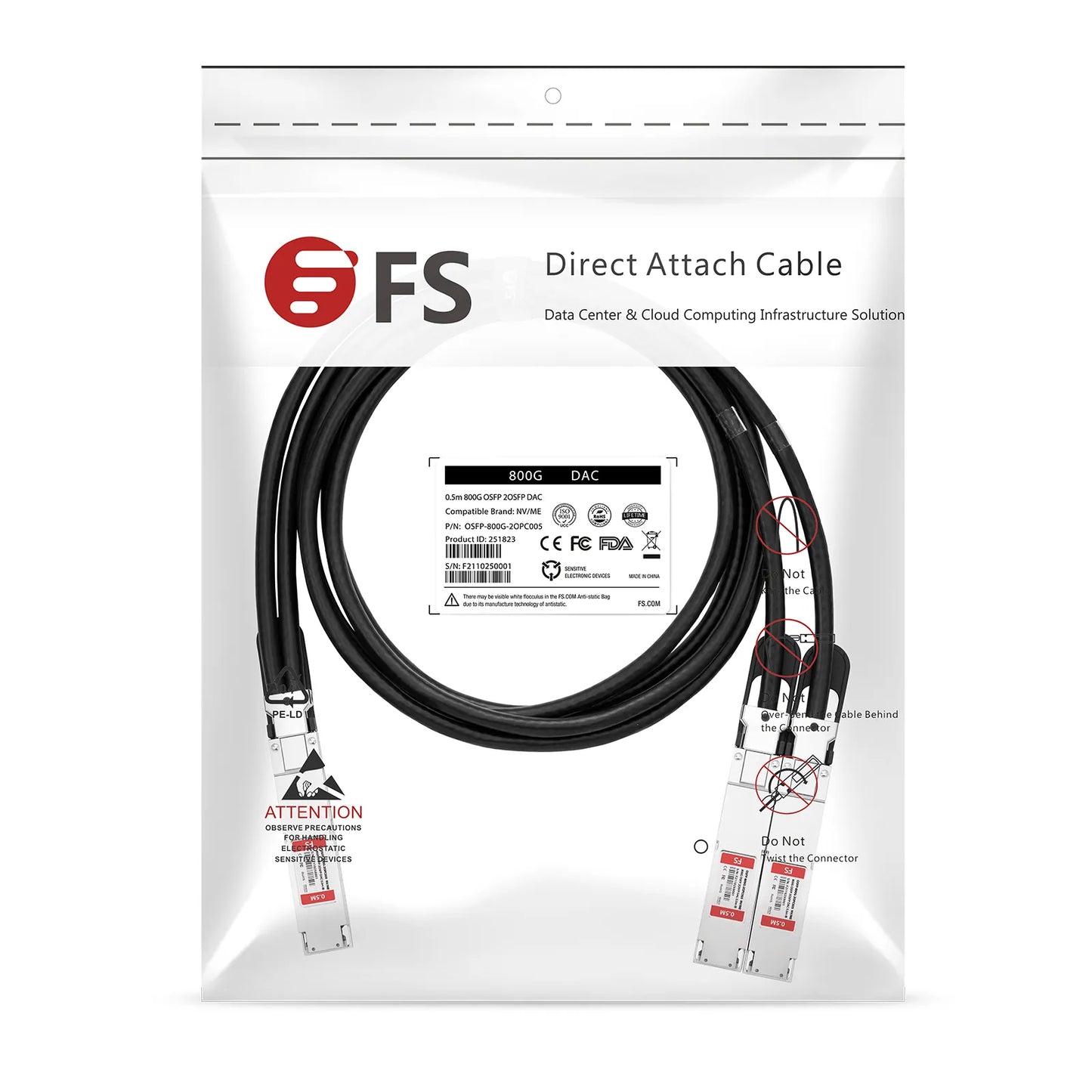 0.5m (2ft) Generic Compatible 800G OSFP 8 x 100G PAM4 Finned Top to 2 x 400G OSFP 4 x 100G PAM4 Finned Top Passive Direct Attach Copper Breakout Cable