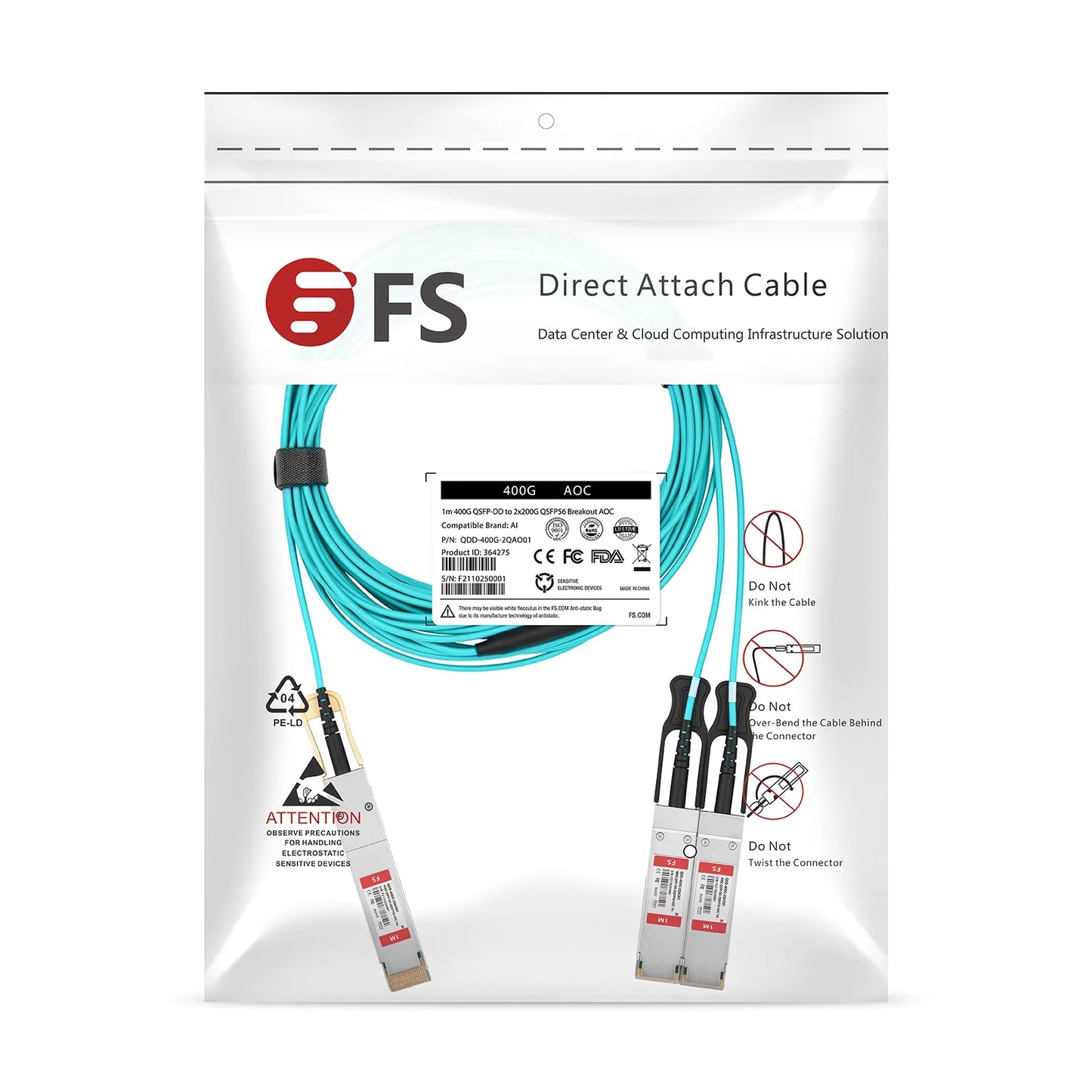 3m (10ft) Juniper Networks QDD-2X200G-AOC-3M Compatible 400G QSFP-DD 8 x 50G PAM4 to 2 x 200G QSFP56 4 x 50G PAM4 Ethernet Active Optical Breakout Cable