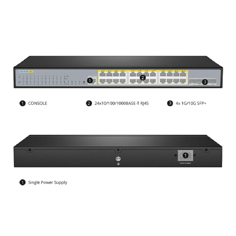Refurb Squared S3400-24T4SP, 24-Port Gigabit Ethernet L2+ PoE+ Switch, 24 x PoE+ Ports @370W, with 4 x 10Gb SFP+ Uplinks, Support Stacking