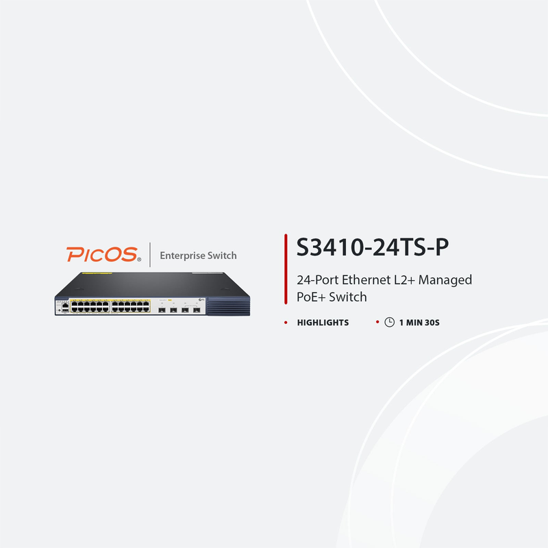 Refurb Squared S3410-24TS-P, 24-Port Gigabit Ethernet L2+ PoE+ Switch, 24 x PoE+ Ports @740W, with 2 x 10Gb SFP+ Uplinks and 2 x Combo SFP Ports, PicOSA®, Support MLAG, Broadcom Chip