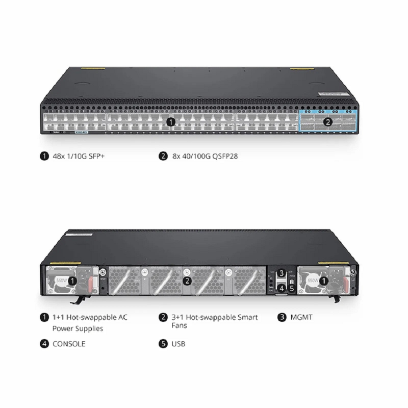 Refurb Squared N5860-48SC, 48-Port Ethernet L3 Data Center Switch, 48 x 10Gb SFP+, with 8 x 100Gb QSFP28, Support MLAG/Stacking, Broadcom Chip, Dual AC PSUs, Front-to-Back Airflow