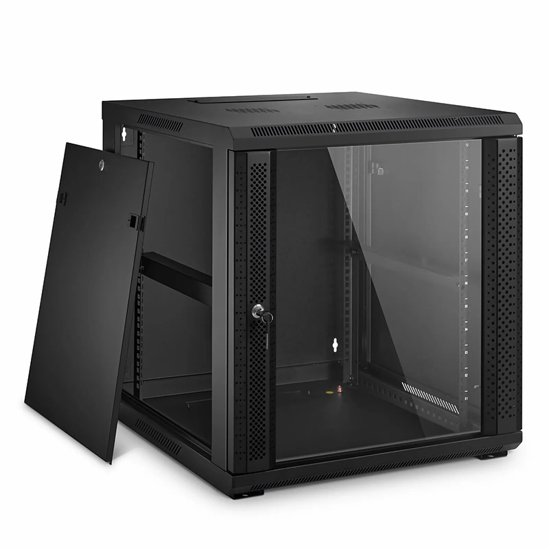 Refurb Squared 12U GW600-Series 19" 4-Post Black Wall Mount Cabinet with Glass Front Door and 4 Casters