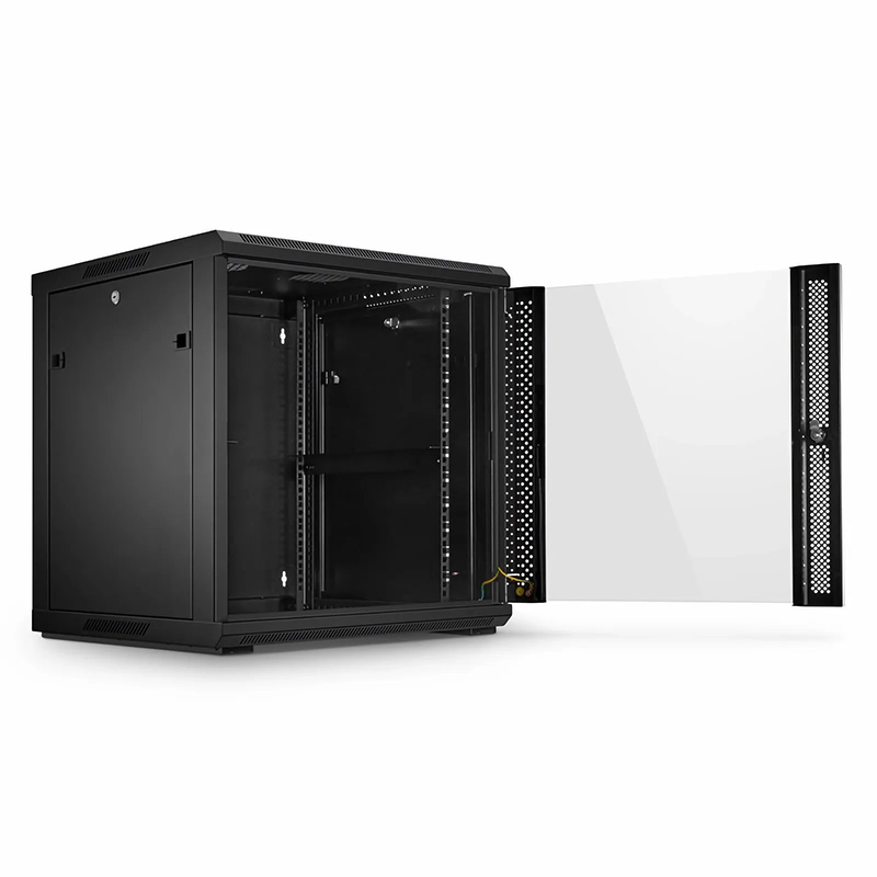 Refurb Squared 12U GW600-Series 19" 4-Post Black Wall Mount Cabinet with Glass Front Door and 4 Casters