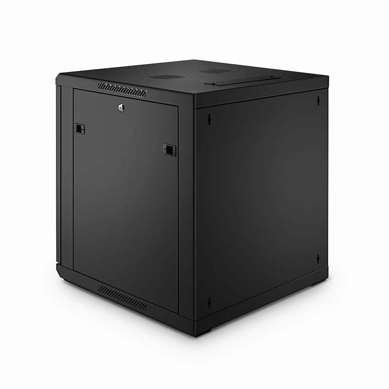 Refurb Squared 12U GW600-Series 19" 4-Post Black Wall Mount Cabinet with Glass Front Door and 4 Casters