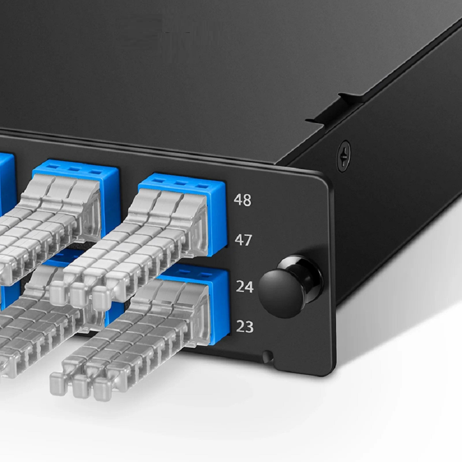 Refurb Squared FHDA MTP®-MDC Cassette, OS2 Single Mode, Type A, 48 Fibers, 4 x MTP®-12 (Male) to 8 x MDC 3-Port Duplex (Blue), 0.35dB Max.