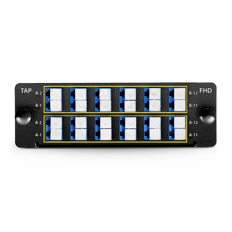 Refurb Squared FHDA MTP®-LC TAP Cassette, OS2 Single Mode, 12 x LC Duplex Live Ports, 2 x MTP®-12 Male Live Ports, 2 x MTP®-12 Male TAP Ports, 70/30 Split Ratio (Live/TAP), 10/40/100G