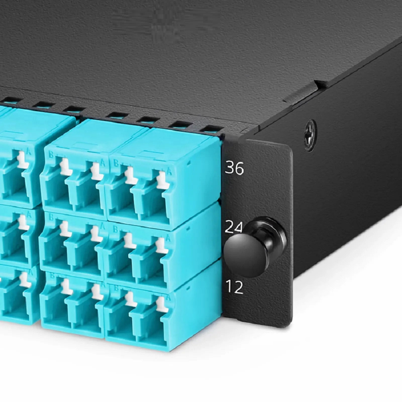 Refurb Squared FHDA MTP®-LC Cassette, OM4 Multimode, Type A, 36 Fibers, 3 x MTP®-12 (Male) to 18 x Shuttered LC Duplex (Aqua), 0.35dB Max.