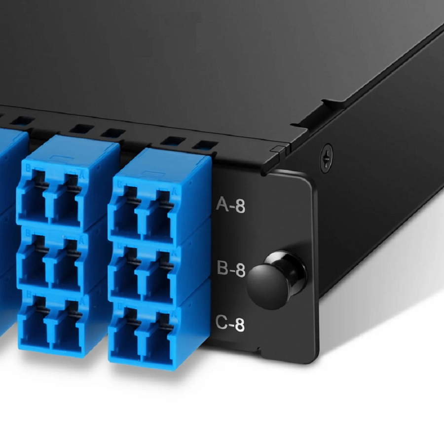 Refurb Squared FHDA MTP®-LC Cassette, OS2 Single Mode, Universal, 24 Fibers, 3 x MTP®-8 (Male) to 12 x Shuttered LC Duplex (Blue), 0.35dB Max.