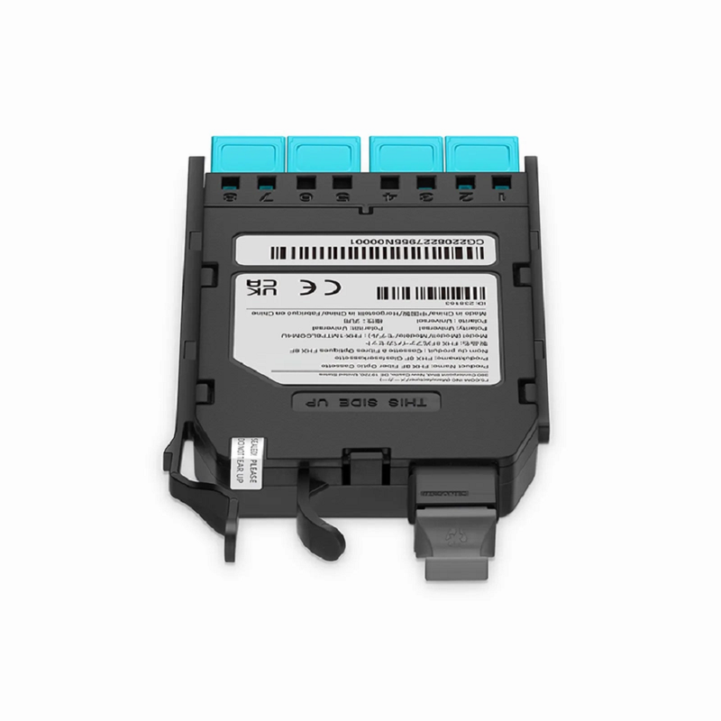 Refurb Squared FHXA MTP®-LC Cassette, OS2 Single Mode, Universal, 8 Fibers, MTP®-8 (Male) to 4 x Shuttered LC Duplex (Blue), 0.35dB Max.