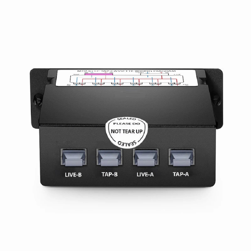 Refurb Squared FHDA MTP®-LC TAP Cassette, OS2 Single Mode, 12 x LC Duplex Live Ports, 2 x MTP®-12 Male Live Ports, 2 x MTP®-12 Male TAP Ports, 70/30 Split Ratio (Live/TAP), 10/40/100G