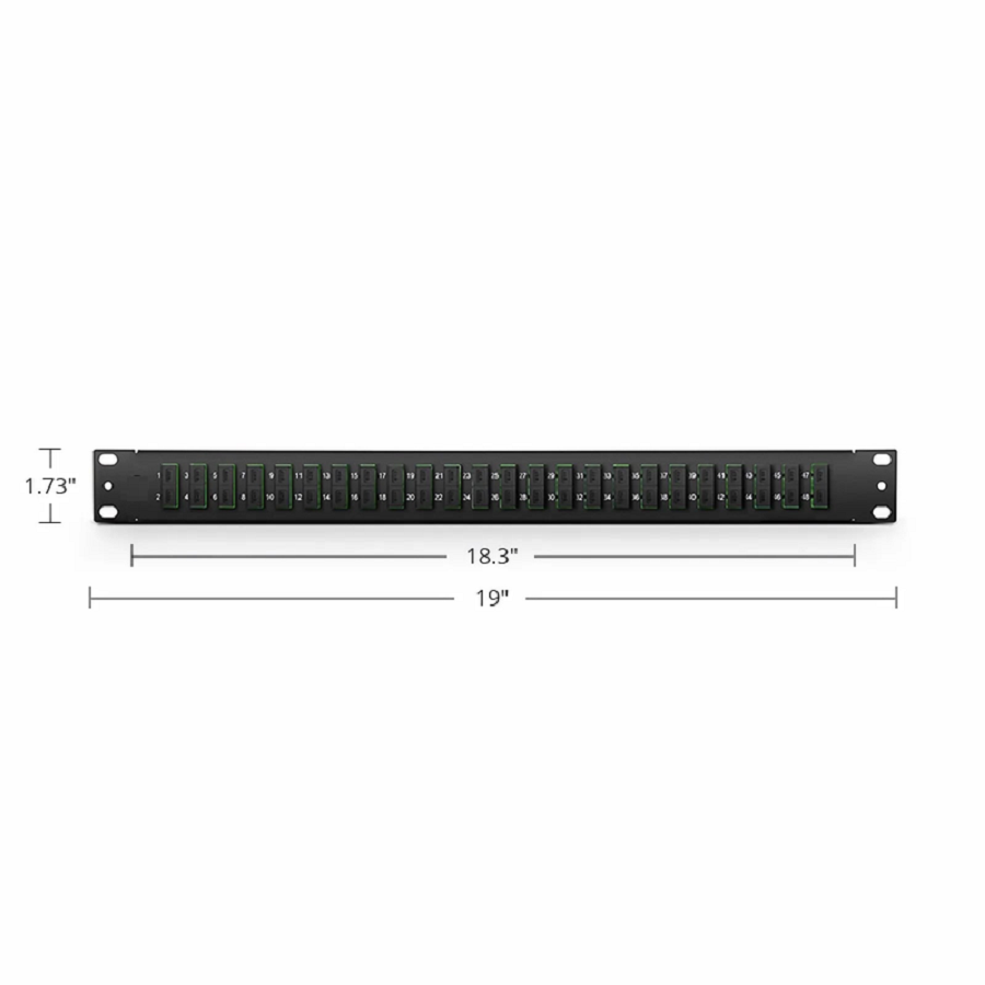 Refurb Squared FHUA 1U 19'' Fiber Adapter Panel, 48 Fibers OS2 Single Mode, 24 x SC APC Duplex (Green) Adapter, Ceramic Sleeve