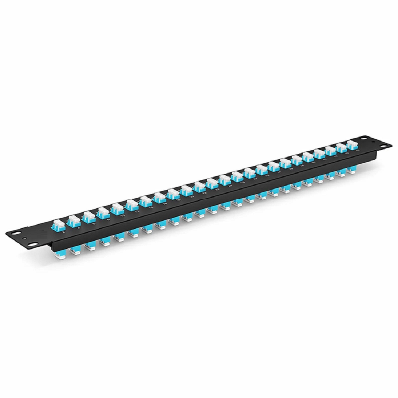 Refurb Squared FHUA 1U 19'' Fiber Adapter Panel, 48 Fibers OM4 Multimode, 24 x LC UPC Duplex (Aqua) Adapter, Ceramic Sleeve