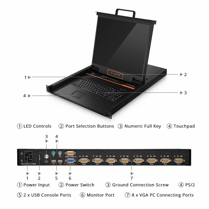 Refurb Squared 8-Port x1 User VGA 1U Rack-Mount USB KVM Switch with 19" LED, 8 x VGA Cables Included