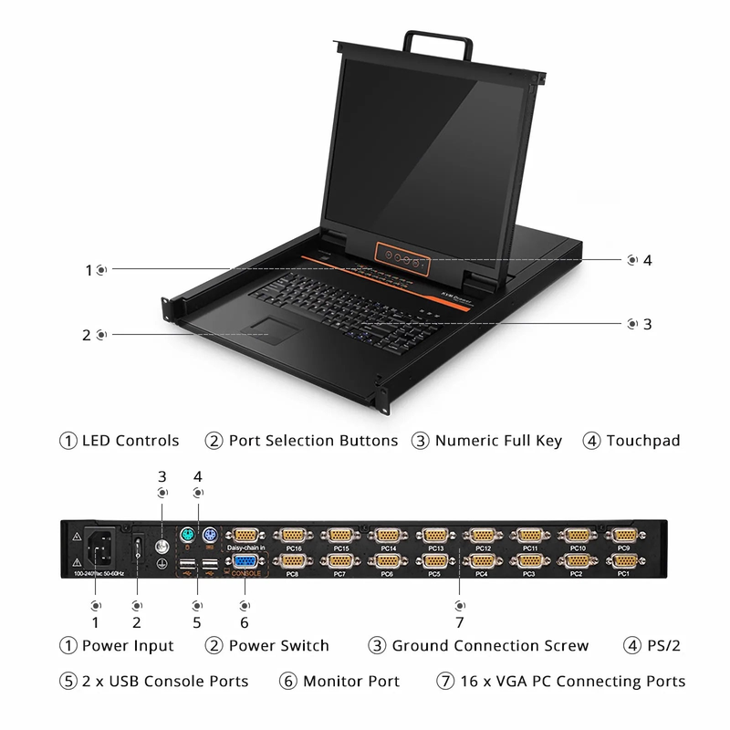 Refurb Squared 16-Port VGA 1U Rack-Mount KVM Switch with 19" LED, 16 x VGA Cables Included