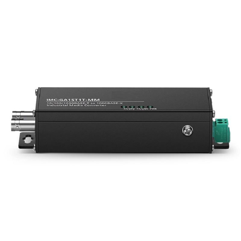 Refurb Squared Mini Industrial 1x 10/100/1000Base-T RJ45 to 1x 1000Base-X Multimode ST 850nm 550m Gigabit Ethernet Media Converter, American Plug Standard