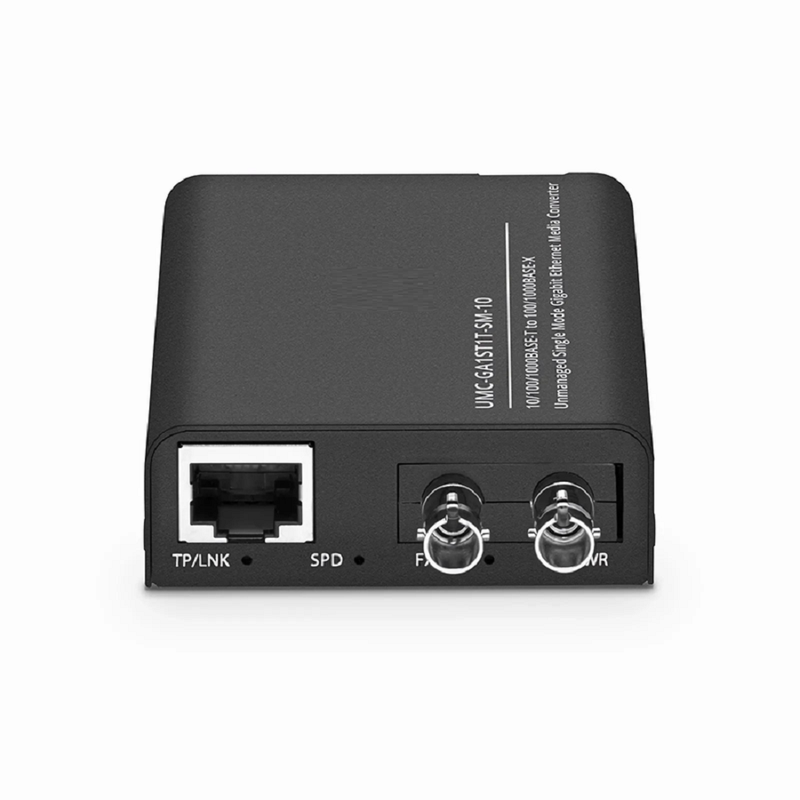 Refurb Squared Mini Unmanaged 1x 10/100/1000Base-T RJ45 to 1x 100/1000Base-X Single Mode ST 1310nm 10km Gigabit Ethernet Media Converter, American Plug Standard