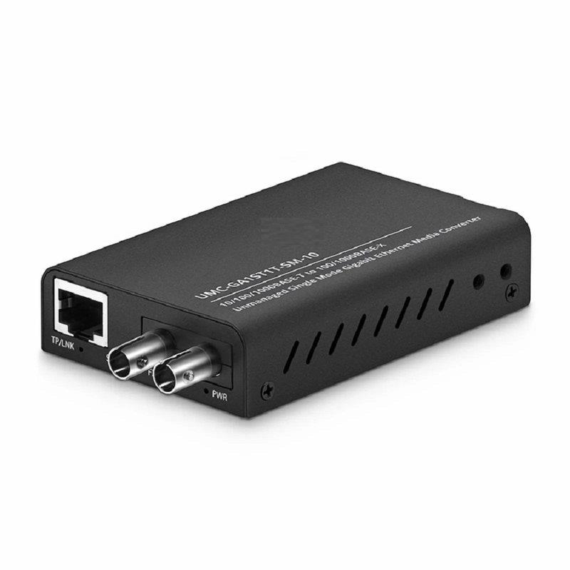 Refurb Squared Mini Unmanaged 1x 10/100/1000Base-T RJ45 to 1x 100/1000Base-X Single Mode ST 1310nm 20km Gigabit Ethernet Media Converter, American Plug Standard