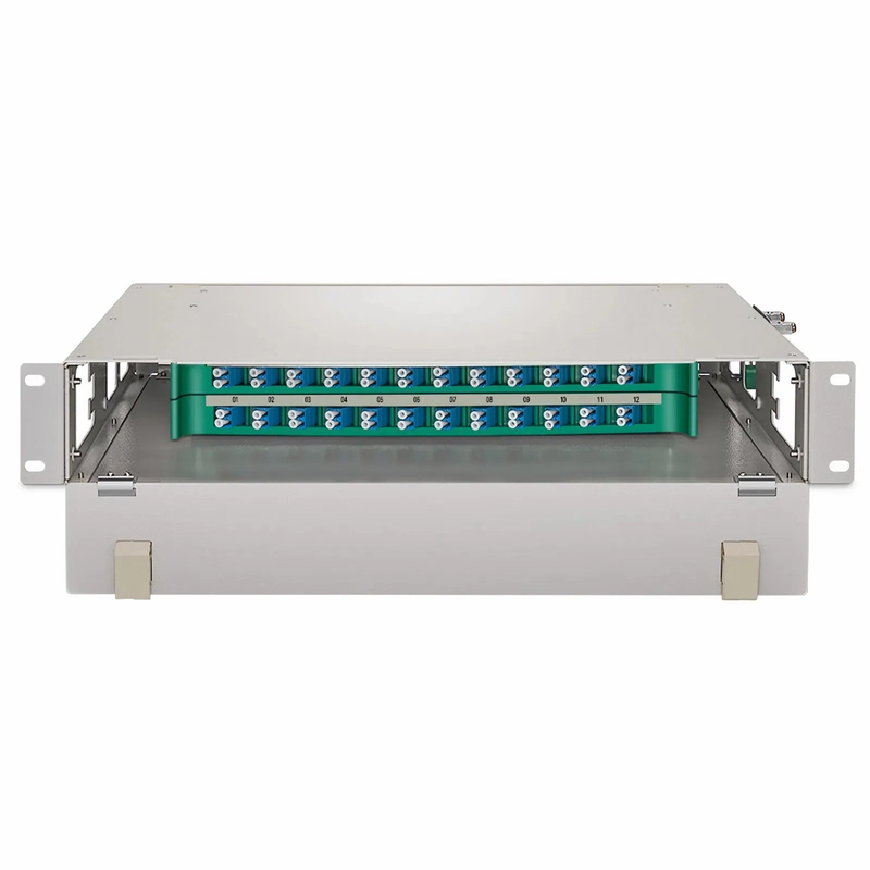 Refurb Squared 2U Rack Mount Fiber Optic Distribution Panel, 48 Fibers OS2 Single Mode, 24 x LC UPC Duplex (Blue) Adapter