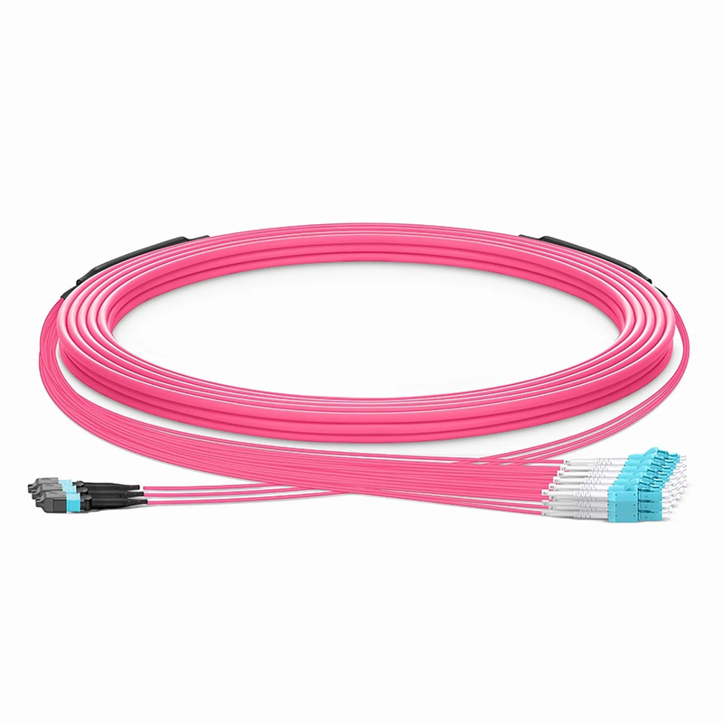 Refurb Squared 30m (98ft) MTP® Hybrid Trunk Cable, MTP®-12 UPC (Female) to 6 LC UPC Duplex Uniboot, 36 Fibers, Multimode (OM4), Plenum (OFNP), 0.20dB Max, Type B, Double Jacket, Magenta