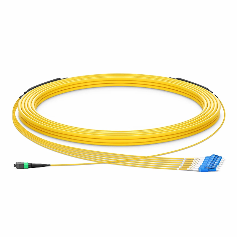 Refurb Squared 30m (98ft) MTP® Hybrid Trunk Cable, MTP®-12 APC (Female) to 6 LC UPC Duplex Uniboot, 12 Fibers, Single Mode (OS2), Plenum (OFNP), 0.35dB Max, Type B, Double Jacket, Yellow