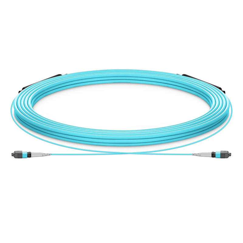Refurb Squared 30m (98ft) MTP® Trunk Cable, MTP®-8 UPC (Male) to MTP®-8 UPC (Male), 8 Fibers, Multimode (OM3), Plenum (OFNP), 0.20dB Max, Type B, Double Jacket, Aqua