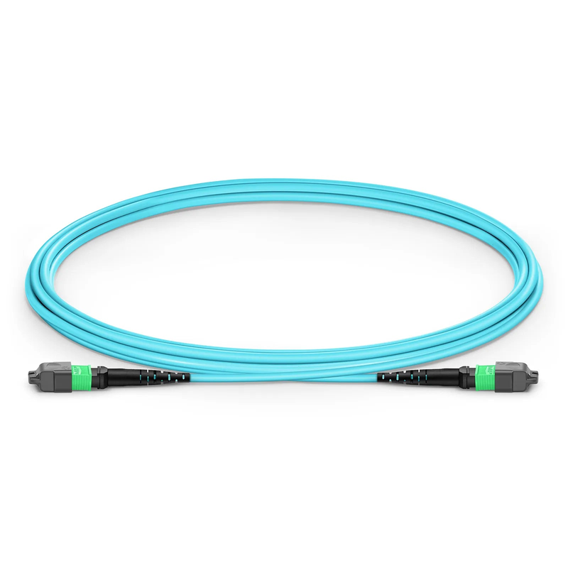 Refurb Squared 2m (7ft) MTP® Jumper, MTP®-16 APC (Female) to MTP®-16 APC (Female), 16 Fibers, Multimode (OM3), Plenum (OFNP), 0.35dB Max, Crossover, Aqua