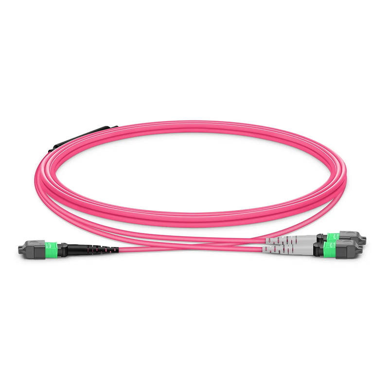 Refurb Squared 10m (33ft) MTP® Breakout Cable, MTP®-16 APC (Female) to 2 x MTP®-8 APC (Female), 16 Fibers, Multimode (OM4), Plenum (OFNP), 0.35dB Max, Crossover, Magenta