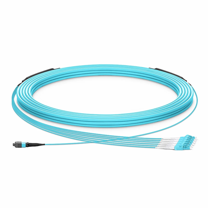 Refurb Squared 30m (98ft) MTP® Hybrid Trunk Cable, MTP®-12 UPC (Female) to 6 LC UPC Duplex Uniboot, 12 Fibers, Multimode (OM3), Plenum (OFNP), 0.20dB Max, Type B, Double Jacket, Aqua