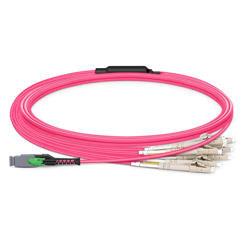 Refurb Squared 3m (10ft) MMC Harness, MMC-16 APC (Female) to 8 x LC UPC Duplex, 16 Fibers, Multimode (OM4), Plenum (OFNP), 0.35dB Max, Jumper Polarity, Magenta