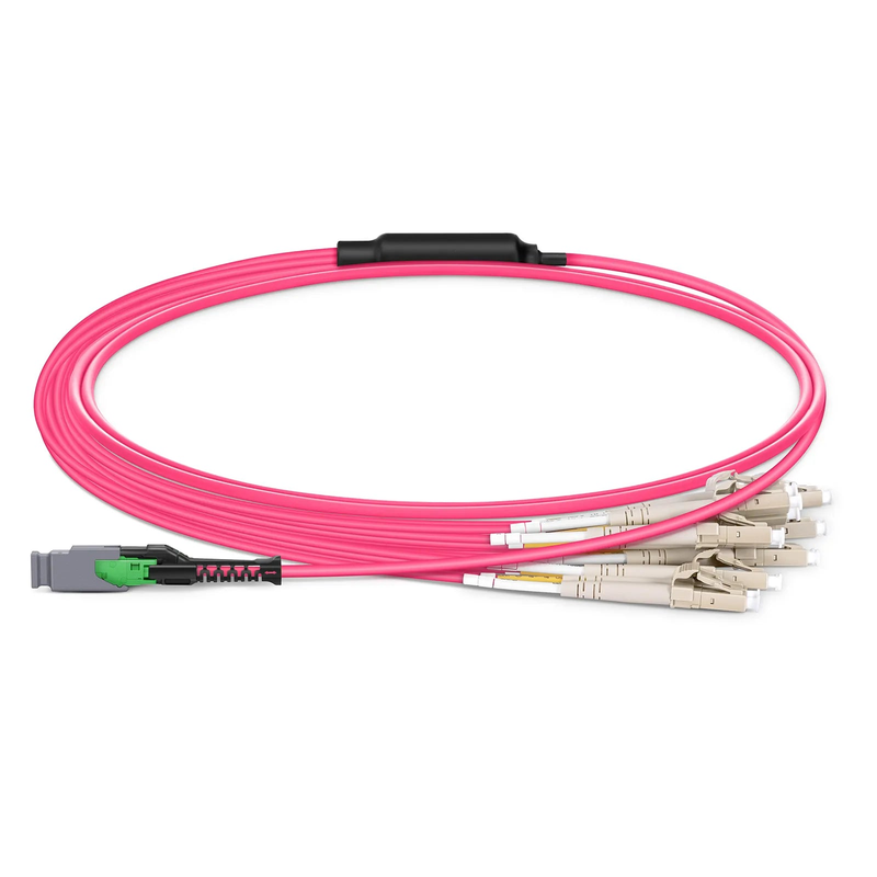 Refurb Squared 1m (3ft) MMC Harness, MMC-16 APC (Female) to 8 x LC UPC Duplex, 16 Fibers, Multimode (OM4), Plenum (OFNP), 0.35dB Max, Jumper Polarity, Magenta